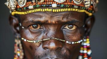 An intense gaze and a striking pose make this black mans portrait truly captivating. He is adorned with unique beaded jewelry and a headpiece made from cowrie shells showcasing the photo