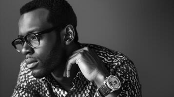Dressed in a patterned silk blouse and tailored trousers this black man exudes style and sophistication. But its the bold oversized glasses and statement watch that really catch the photo