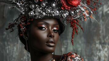 A stunning portrait of a black woman in a handcrafted couture headpiece adorned with stunning jewelry made from unexpected material. She embodies the true essence of crafted couture photo