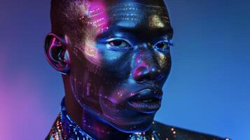 The subject of this portrait is a black man with a fierce and otherworldly aura. His outfit is a futuristic blend of metallics and neon colors perfectly fitting with the theme of photo