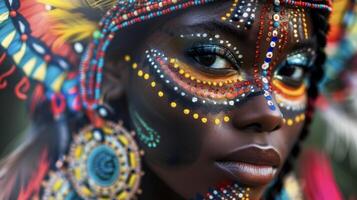 In a closeup shot a black womans face is partially obscured by a vibrant and intricate tribalinspired face paint. Her hair is adorned with ornate beads and feathers adding to the overall photo