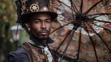 A black man is the epitome of steampunk fashion with outerwear adorned with gears and clockwork. His lace umbrella adds a touch of romance to his ensemble while a corseted vest and photo