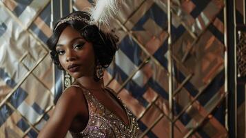 Against a backdrop of geometric patterns and metallic accents a stylish black woman poses in a sequined flapper dress. With a feather boa dd over her shoulder and a sparkling headband photo