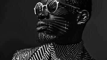 Monochromatic shock takes on a and form in this portrait of a black man. With intricate patterns and textures in shades of black and white on his ensemble he oozes charisma and style. photo