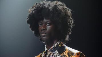 A black man with a head full of thick natural curls walks the runway in a stylish suit exuding confidence and selflove. His message of embracing and embracing all types of black beauty photo