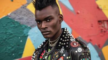 A young black man with a sleek hightop fade poses in front of a colorful backdrop wearing a studded leather jacket adorned with various pins and patches. His mismatched patterns and photo
