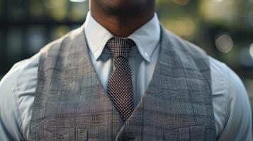 A dapper black man in a classic threepiece suit captured in a closeup shot that showcases the soft highquality fabric of his vest and the small but meticulous design on his tie. The photo