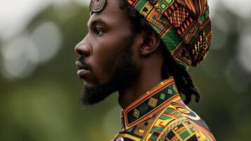 A dapper man donning a tailored thobe with a dashikiinspired vest and a turban made of kente cloth. His Afroia look seamlessly blends the traditional silhouettes of Middle Eastern photo