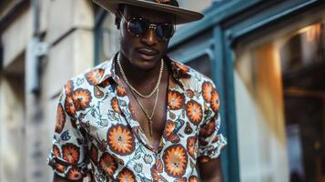 An effortlessly cool black man rocking a printed buttondown shirt and flared bellbottoms accessorized with a statement necklace and a fedora hat. His soulful and confident expression photo