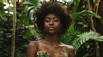 A beautiful black woman stands against a backdrop of lush greenery adorned in a stunning dress made from ethicallysourced fabrics. With every step she represents the power of making photo