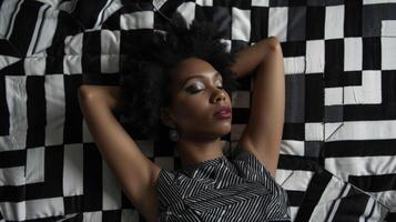 A black woman reclines against a backdrop of black and white checkerboard squares accentuating her bold and confident demeanor. The classic pattern echoes the subtle yet powerful control photo