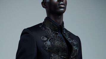 A dapper black man confidently struts in a Westernstyle suit but with a subtle nod to traditional Chinese fashion. His suit jacket features intricate embroidery in the style photo