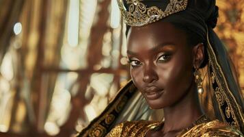 Clad in layers of shimmering silk and crowned with a golden tiara a poised black woman exudes an air of refined elegance. The intricate patterns on her clothing and headdress evoke photo