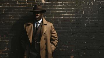 A dapper black man stands against a brick wall the shadowy lines of his fedora and trench coat blending seamlessly with the dark backdrop. His traditional suit and tie evoke a sense photo