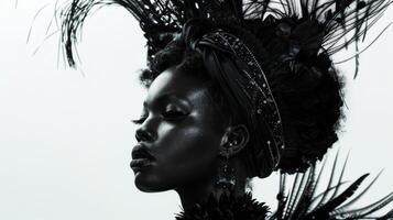 This portrait captures the essence of monochromatic shock in a breathtaking way. A black woman adorned in an elaborate avantgarde ensemble stands in front of a stark white background. photo