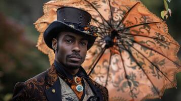 A dapper black man donning a steampunk ensemble that fuses Victorian sensibilities with modern elements. His top hat is accessorized with gears and cogs and his tailored coat is accented photo