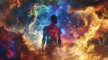 A mysterious black man stands before a backdrop of swirling vibrant nebulas. His strong pose and intricately detailed celestialinspired attire exude a sense of cosmic power and intrigue. photo