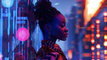 Against a backdrop of futuristic cityscapes and neon lights a black woman stands boldly in a daring combination of bold prints and tingedge designs. She radiates confidence and photo