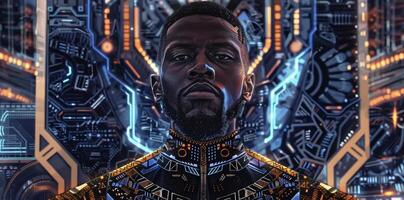 In this portrait a regal black man with a commanding presence is depicted against a backdrop of otherworldly technology and architecture. His intricately designed suit is a fusion photo