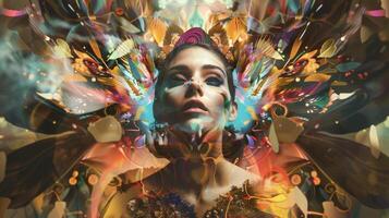 A woman with a powerful presence is surrounded by a kaleidoscope of abstract shapes and colors her elegant dress a modern interpretation of a classic carnival costume. photo