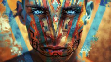 un estoico hombre con perforación azul ojos y un vistoso geométrico modelo pintado a través de su cara y cabello. el contrastando colores y líneas crear un psicodélico visual ese parece a latir foto