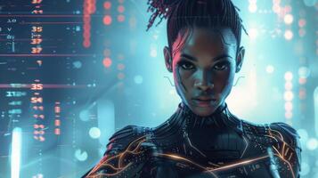 A fierce black woman wears a daring cybernetic bodysuit featuring geometric outs and glowing wires that intertwine with her body. Against a backdrop of binary code and sleek screens photo