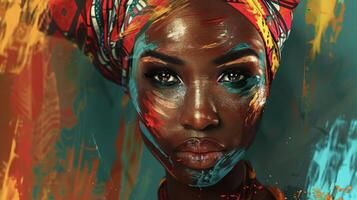 A mesmerizing image of a black woman with a fierce gaze her face painted in bold abstract strokes that highlight her striking features. She is dd in a stunning fusion of traditional photo