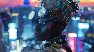An androgynous avantgarde figure stands before a backdrop of a vibrant metropolis clad in a bold and futuristic ensemble that celebrates African roots. With metallic armor intricately photo