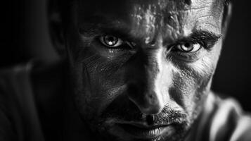 Strong and stoic a man is captured in a black and white portrait the contrast between light and dark adding depth to his intense gaze and creating a powerful and elegant monochromatic photo