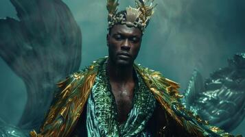A regal black man poses gracefully his gaze fixed on the viewer with a hint of mystery and danger. His couture ensemble is a fusion of land and sea with a flowing robe in shades of photo