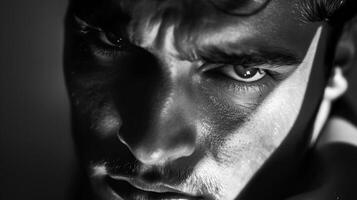A black and white photograph captures the soft curves and sharp angles of a mans face the interplay of light and shadow highlighting the ity and masculinity of his features. photo