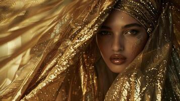 A regal lady with deep golden skin and a fierce gaze dd in layers of shimmering golden fabric that cascade behind her like a waterfall embodying the opulence and grandeur of the Golden photo