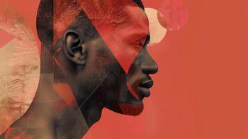 In a creative nod to cubism a black man is captured in profile his face fragmented into a series of sharp abstract shapes and angles. Triangles squares and circles in shades of red photo