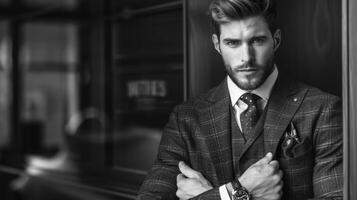 A monochrome portrait captures the essence of a dapper gentleman his tailored suit and classic accessories creating a timeless style. With a refined expression and perfectly coiffed photo