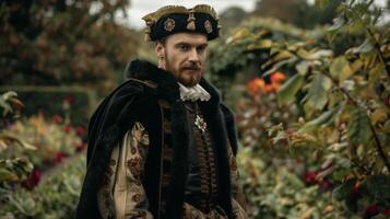 A man poses in a lush garden wearing a doublet with slashed sleeves and a velvet cap trimmed with gold tassels. His furlined cloak and striking brooch speak to the extravagance and photo