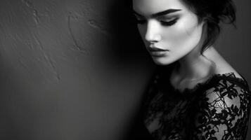 A black lace dress ds over a womans figure accentuating her curves and creating a stunning visual contrast. Her intense gaze and thoughtful pose add depth to the monochrome melody photo