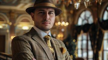 A dapper gentleman in a tailored suit and fedora adorned with gold accents and accessories representing the influence and affluence of gold in the fashion ensembles of the Golden Age. photo