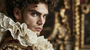 Dressed in a stunning Baroque gown with layers of tulle and lace this mans hair is styled in a curled pompadour with a touch of gold leaf adding to the extravagant aesthetic. His makeup photo