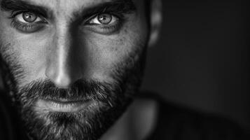 In this black and white portrait a man with a trimmed beard and piercing eyes stares directly into the camera. The simplicity of the monochrome only serves to emphasize the intensity photo