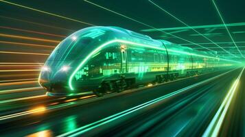 A futuristiclooking train speeds down a track with a glowing green trail behind it powered by a large biofuel engine. The caption reads Next Generation Transportation BiofuelPowered photo