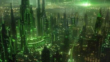 A bustling metropolis bathed in an ethereal green glow powered entirely by renewable energy sources. photo