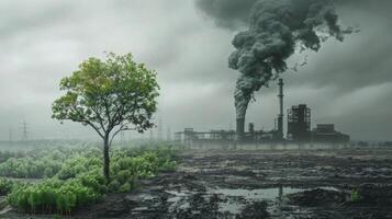 An image of a withered tree in front of a coal power plant compared to a flourishing tree displayed in front of a biofuel refinery representing the effect on local vegetation and photo