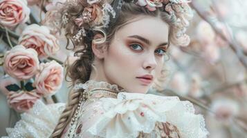 Dressed in a lavish Rococo dress with layers of ruffles and delicate embroidery this womans hair is piled high into a towering updo finished with intricate braids and floral accents. photo