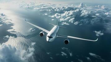 Reducing carbon emissions and protecting the planet biofuelpowered airplanes fly high above a vast expanse of ocean. The smooth flight path is a testament to the success of sustainable photo