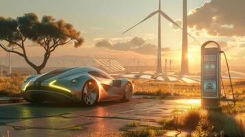 A futuristiclooking electric car being refueled at a pump with a biofuel label. In the background a wind farm spins its turbines and solar panels glint in the sunlight. photo