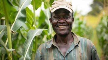 A farmer smiles as he examines the robust healthy crops growing in his fields thanks to the implementation of ecofriendly biofuel practices. photo
