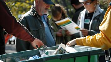 An urban park is transformed into a bustling recycling hub as community members gather to drop off their recyclables for use in the biofuel production process. A group of volunteers photo
