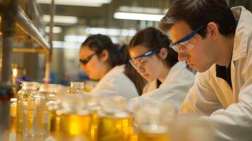 A group of students conducting research on new ods for producing biofuel from waste materials emphasizing the potential for sustainable innovation and progress. photo