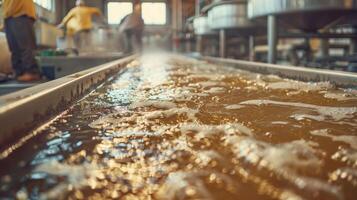 en un fábrica trabajadores monitor grande tanques lleno con burbujeante líquido un llave paso en el proceso de fermentando orgánico materiales dentro biocombustible foto