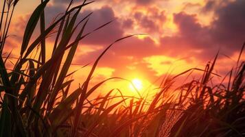 un mosaico de Caña de azúcar hojas y tallos crea un maravilloso tapiz debajo un maravilloso puesta de sol evocando sentimientos de calor y serenidad. foto